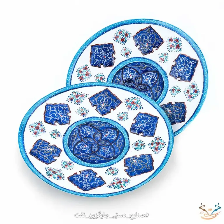 ست شیرینی خوری دو طبقه و جفت بشقاب مس میناکاری
